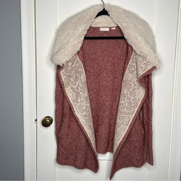 Sleeping On Snow Anthropologie Pink/Rose Knit Cardigan w/ Sherpa Collar Medium - Picture 5 of 14